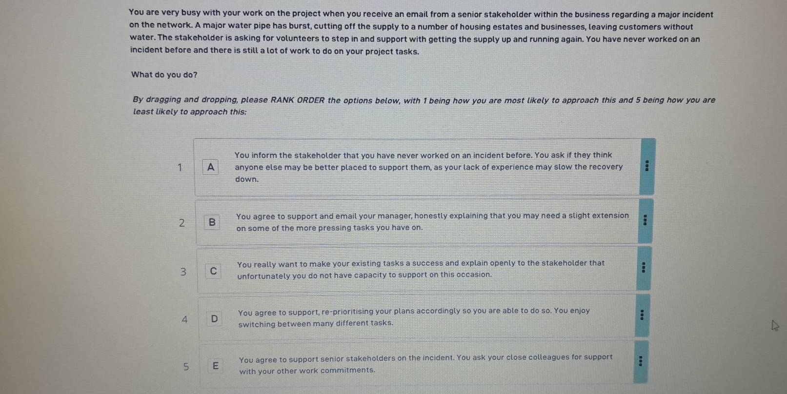 You are very busy with your work on the project when you receive an email from a senior stakeholder within the business regarding a major incident
on the network. A major water pipe has burst, cutting off the supply to a number of housing estates and businesses, leaving customers without
water. The stakeholder is asking for volunteers to step in and support with getting the supply up and running again. You have never worked on an
incident before and there is still a lot of work to do on your project tasks.
What do you do?
By dragging and dropping, please RANK ORDER the options below, with 1 being how you are most likely to approach this and 5 being how you are
least likely to approach this:
You inform the stakeholder that you have never worked on an incident before. You ask if they think
1 A anyone else may be better placed to support them, as your lack of experience may slow the recovery
down.
You agree to support and email your manager, honestly explaining that you may need a slight extension
2 B on some of the more pressing tasks you have on.
You really want to make your existing tasks a success and explain openly to the stakeholder that :
3 C unfortunately you do not have capacity to support on this occasion.
4 D You agree to support, re-prioritising your plans accordingly so you are able to do so. You enjoy a
switching between many different tasks.
5 E You agree to support senior stakeholders on the incident. You ask your close colleagues for support ;
with your other work commitments.