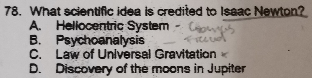 What scientific idea is credited to Isaac Newton?
A. Hellocentric System
B. Psychoanalysis
C. Law of Universal Gravitation
D. Discovery of the moons in Jupiter