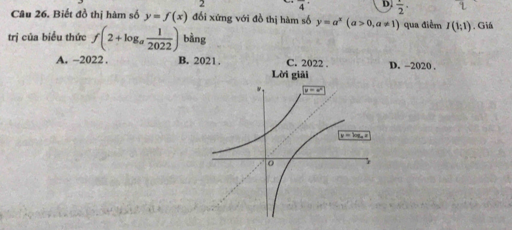 2
overline 4^((·)
D frac x)2.
Câu 26. Biết đồ thị hàm số y=f(x) đối xứng với đồ thị hàm số y=a^x(a>0,a!= 1) qua điểm I(1;1). Giá
trị của biểu thức f(2+log _a 1/2022 ) bàng
A. -2022 . B. 2021 . C. 2022 . D. -2020 .
Lời giải