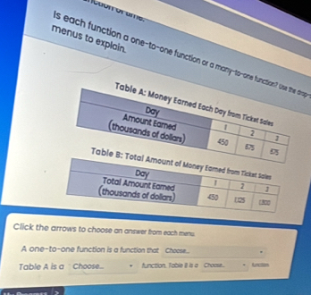 menus to explain. 
s each function a one-to-one function or a many-to-one function? 
Click the arrows to choose an answer from each menu 
A one-to-one function is a function that Choose.... 
Table A is a Choose... function. Table 8 is a Choose.. H