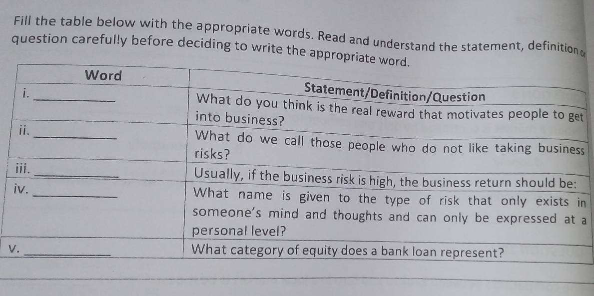 Fill the table below with the appropriate words. Read and understand the statement, definition 。 
question carefully before deciding to write the approp 
s 
n 
a 
V