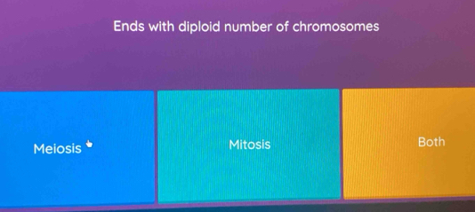 Ends with diploid number of chromosomes
Meiosis * Mitosis Both