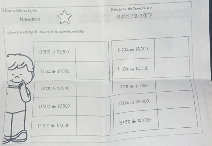 OMaterial Didáctico Rayitas 
Desafios Matemáticos 
Matemáticas ofertas y descuentos 
Calcula el poncentaje de cada una de las siguientes cantidades