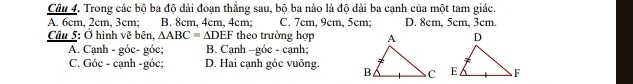 Trong các bộ ba độ dài đoạn thắng sau, bộ ba nào là độ dài ba cạnh của một tam giác.
A. 6cm, 2cm, 3cm; B. 8cm, 4cm, 4cm; C. 7cm, 9cm, 5cm; D. 8cm, 5cm, 3cm.
Câu 5: Ở hình vẽ bên, △ ABC=△ DEF theo trường hợp
A. Cạnh - góc- góc; B. Cạnh −góc - cạnh;
C. Góc - cạnh -góc; D. Hai cạnh góc vuông.