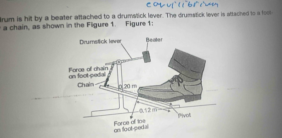 rum is hit by a beater attached to a drumstick lever. The drumstick lever is attached to a foot- 
a chain, as shown in the Figure 1. Figure 1: