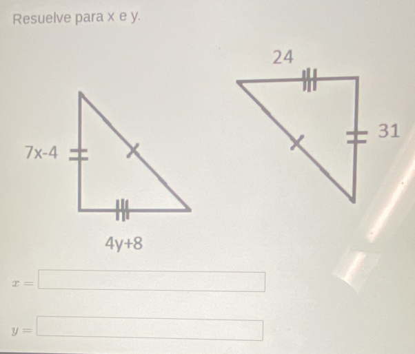 Resuelve para x e y.
x=□
y=□