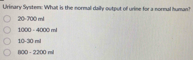 Solved: Urinary System: What is the normal daily output of urine for a ...