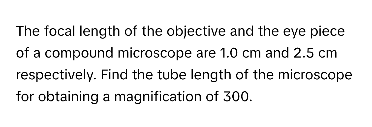 The focal length of the objective and the eye piece of a compound microscope are 1.0 cm and 2.5 cm respectively. Find the tube length of the microscope for obtaining a magnification of 300.