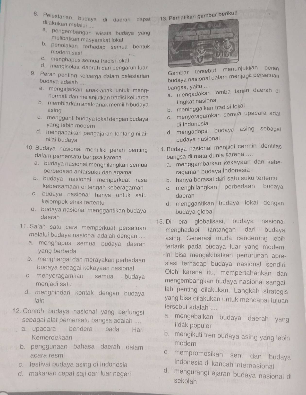 Pelestarian budaya di daerah dapat n gambar berikut!
dilakukan melalui ....
a. pengembangan wisata budaya yang
melibatkan masyarakat lokal
b. penolakan terhadap semua bentuk
modernisasi
c. menghapus semua tradisi lokal
d. mengisolasi daerah dari pengaruh luar
9. Peran penting keluarga dalam pelestarian
Gambar tersebut menunkkan peran
budaya adalah ....
budaya nasional dalam menjaga persatuan
a. mengajarkan anak-anak untuk meng-
bangsa, yaitu ....
hormati dan melanjutkan tradisi keluarga
a. mengadakan lomba tarian daerah di
b. membiarkan anak-anak memilih budaya
tingkat nasional
asing
b. meninggalkan tradisi lokal
c. mengganti budaya lokal dengan budaya c. menyeragamkan semva upacara adat
yang lebih modern di Indonesia
d. mengabaikan pengajaran tentang nilai- d. mengadopsi budaya asing sebagai
nilai budaya budaya nasional
10. Budaya nasional memiliki peran penting 14. Budaya nasional menjadi cermin identitas
dalam pemersatu bangsa karena ....
bangsa di mata dunia karena ....
a. budaya nasional menghilangkan semua a. menggambarkan kekayaan dan kebe-
perbedaan antarsuku dan agama ragaman budaya Indonesia
b. budaya nasional memperkuat rasa b. hanya berasal dari satu suku tertentu
kebersamaan di tengah keberagaman c. menghilangkan perbedaan budaya
c. budaya nasional hanya untuk satu daerah
kelompok etnis tertentu
d. menggantikan budaya lokal dengan
d. budaya nasional menggantikan budaya
budaya global
daerah
15. Di era globalisasi, budaya nasional
11. Salah satu cara memperkuat persatuan menghadapi tantangan dari budaya
melalui budaya nasional adalah dengan .... asing. Generasi muda cenderung lebih
a. menghapus semua budaya daerah tertarik pada budaya luar yang modern.
yang berbeda Ini bisa mengakibatkan penurunan apre-
b. menghargai dan merayakan perbedaan siasi terhadap budaya nasional sendiri.
budaya sebagai kekayaan nasional Oleh karena itu, mempertahankan dan
c. menyeragamkan semua budaya mengembangkan budaya nasional sangat-
menjadi satu lah penting dilakukan. Langkah strategis
d. menghindari kontak dengan budaya yang bisa dilakukan untuk mencapai tujuan
lain tersebut adalah ....
12. Contoh budaya nasional yang berfungsi a. mengabaikan budaya daerah yang
sebagai alat pemersatu bangsa adalah .... tidak populer
a. upacara bendera pada  Hari b. mengikuti tren budaya asing yang lebih
Kemerdekaan modern
b. penggunaan bahasa daerah dalam c. mempromosikan seni dan budaya
acara resmi
Indonesia di kancah internasional
c. festival budaya asing di Indonesia d. mengurangi ajaran budaya nasional di
d. makanan cepat saji dari luar negeri
sekolah