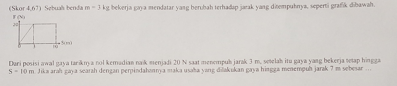 (Skor 4,67) Sebuah benda m=3kg bekerja gaya mendatar yang berubah terhadap jarak yang ditempuhnya, seperti grafik dibawah.
Dari posisi awal gaya tariknya nol kemudian naik menjadi 20 N saat menempuh jarak 3 m, setelah itu gaya yang bekerja tetap hingga
S=10m. Jika arah gaya searah dengan perpindahannya maka usaha yang dilakukan gaya hingga menempuh jarak 7 m sebesar ...