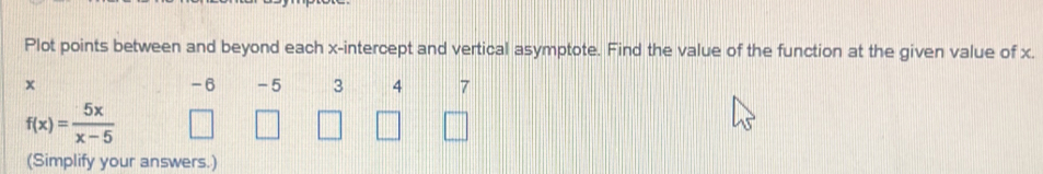 Plot points between and beyond each x-intercept and vertical asymptote. Find the value of the function at the given value of x.
x
-6 -5 3 4 7
f(x)= 5x/x-5 
(Simplify your answers.)