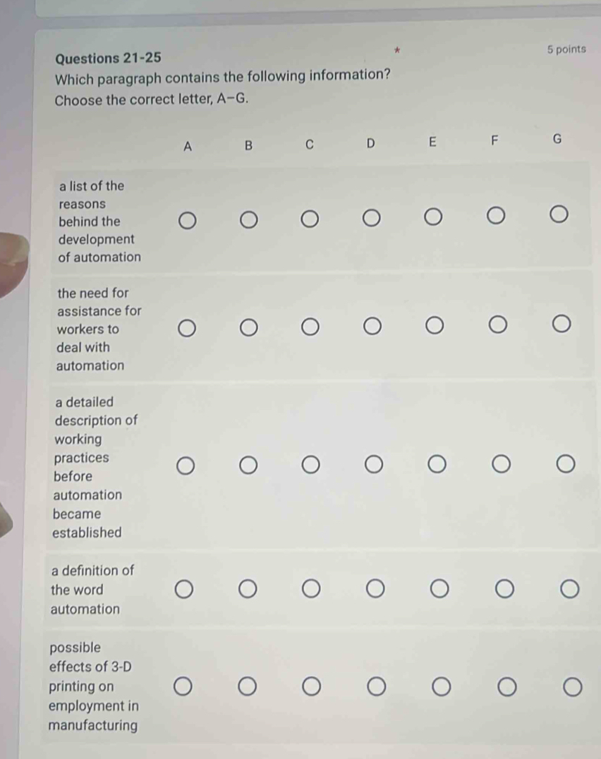 Which paragraph contains the following information?
Choose the correct letter, A-G.
A B C D E F G
a list of the
reasons
behind the
development
of automation
the need for
assistance for
workers to
deal with
automation
a detailed
description of
working
practices
before
automation
became
established
a definition of
the word
automation
possible
effects of 3-D
printing on
employment in
manufacturing