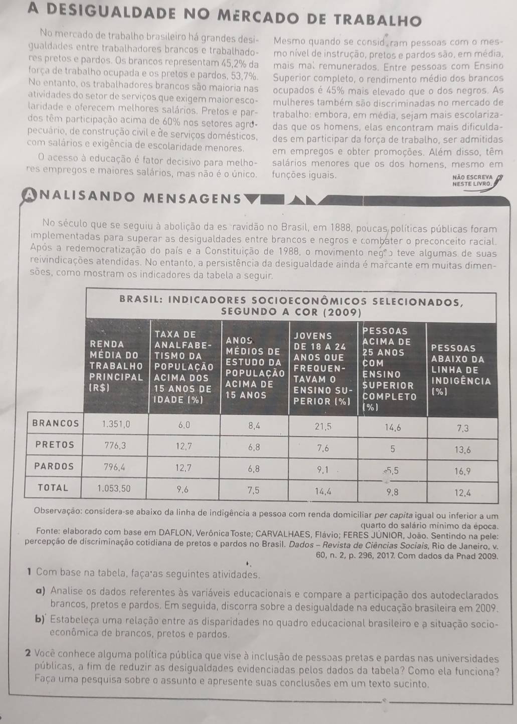 A DESIGUALDADE NO MERCADO DE TRABALHO
No mercado de trabalho brasileiro há grandes desi- Mesmo quando se consid ram pessoas com o mes
gualdades entre trabalhadores brancos e trabalhado- mo nível de instrução, pretos e pardos são, em média,
res pretos e pardos. Os brancos representam 45,2% da mais mal remunerados. Entre pessoas com Ensino
força de trabalho ocupada e os pretos e pardos, 53,7%. Superior completo, o rendimento médio dos brancos
No entanto, os trabalhadores brancos são maioria nas ocupados é 45% mais elevado que o dos negros. As
atividades do setor de serviços que exigem maior esco- mulheres também são discriminadas no mercado de
laridade e oferecem melhores salários. Pretos e par- trabalho: embora, em média, sejam mais escolariza-
dos têm participação acima de 60% nos setores agro-  das que os homens, elas encontram mais dificulda-
pecuário, de construção civil e de serviços domésticos, des em participar da força de trabalho, ser admitidas
com salários e exigência de escolaridade menores. em empregos e obter promoções. Além disso, têm
O acesso à educação é fator decisivo para melho- salários menores que os dos homens, mesmo em
res empregos e maiores salários, mas não é o único. funções iguais. NÃo ESCREva
NESTE LIVRO.
ANALISANDO MENSAGENS
No século que se seguiu à abolição da es ravidão no Brasil, em 1888, poucas políticas públicas foram
implementadas para superar as desigualdades entre brancos e negros e combater o preconceito racial.
Após a redemocratização do país e a Constituição de 1988, o movimento negão teve algumas de suas
reivindicações atendidas. No entanto, a persistência da desigualdade ainda é marcante em muitas dimen-
sões, como mostram os indicadores da tabela a seguir
era-se abaixo da linha de indigência a pessoa com renda domiciliar per capita igual ou inferior a um
quarto do salário mínimo da época.
Fonte: elaborado com base em DAFLON, VerônicaToste; CARVALHAES, Flávio; FERES JÚNIOR, João. Sentindo na pele:
percepção de discriminação cotidiana de pretos e pardos no Brasil. Dados - Revista de Ciências Sociais, Rio de Janeiro, v.
60, n. 2, p. 296, 2017 Com dados da Pnad 2009.
1 Com base na tabela, faça as seguintes atividades.
o) Analise os dados referentes às variáveis educacionais e compare a participação dos autodeclarados
brancos, pretos e pardos. Em seguida, discorra sobre a desigualdade na educação brasileira em 2009.
b)' Estabeleça uma relação entre as disparidades no quadro educacional brasileiro e a situação socio-
econômica de brancos, pretos e pardos.
2 Você conhece alguma política pública que vise à inclusão de pessoas pretas e pardas nas universidades
públicas, a fim de reduzir as desigualdades evidenciadas pelos dados da tabela? Como ela funciona?
Faça uma pesquisa sobre o assunto e apresente suas conclusões em um texto sucinto.