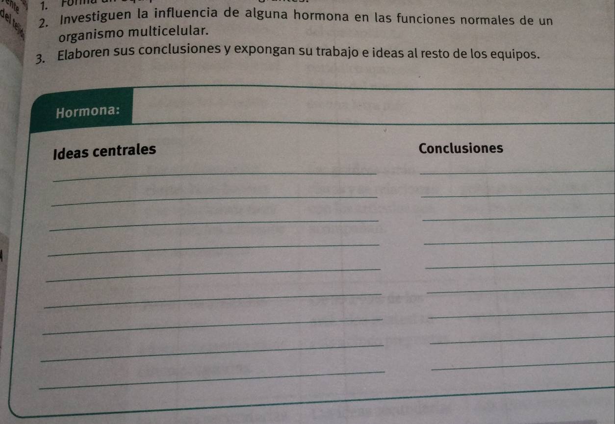 chte 1. For 
2. Investiguen la influencia de alguna hormona en las funciones normales de un 
organismo multicelular. 
3. Elaboren sus conclusiones y expongan su trabajo e ideas al resto de los equipos. 
Hormona: 
Ideas centrales Conclusiones 
_ 
_ 
_ 
_ 
_ 
_ 
_ 
_ 
_ 
_ 
_ 
_ 
_ 
_ 
_ 
_ 
_ 
_