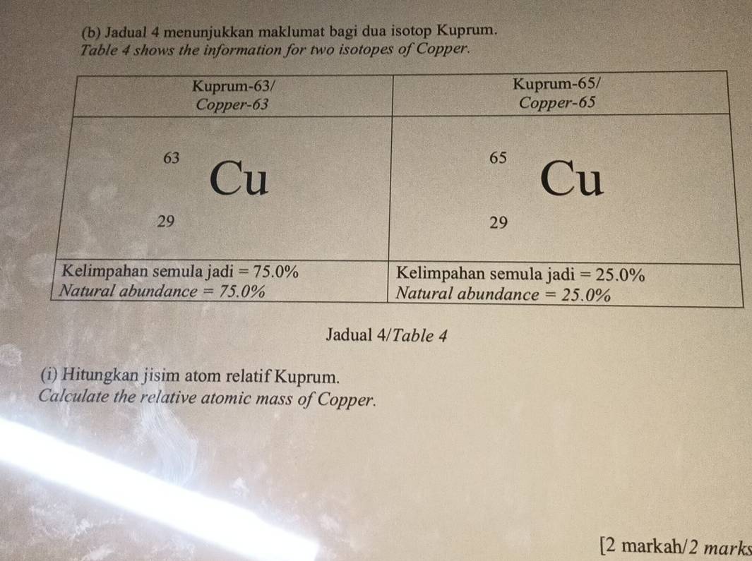 Jadual 4 menunjukkan maklumat bagi dua isotop Kuprum.
Table 4 shows the information for two isotopes of Copper.
Jadual 4/Table 4
(i) Hitungkan jisim atom relatif Kuprum.
Calculate the relative atomic mass of Copper.
[2 markah/2 marks