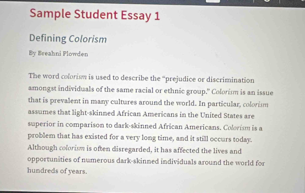 Solved: Sample Student Essay 1 Defining Colorism By Breahni Plowden The ...