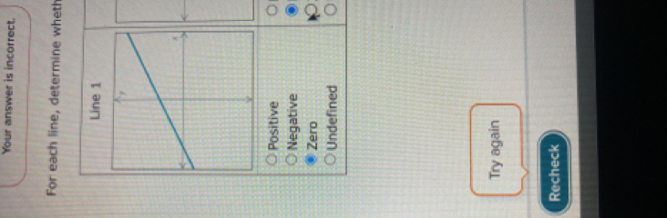 Your answer is incorrect.
For each line, determine wheth
Line 1
Positive
Negative
Zero
Undefined
Try again
Recheck