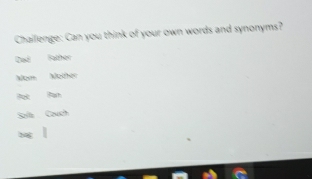 Chailenge: Can you think of your own words and synonyms?
Dạã Father
Nom Mother
Pol Par
Sala Cauch
bng |