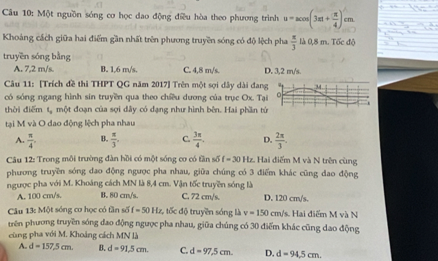 Một nguồn sóng cơ học dao động điều hòa theo phương trình u=acos (3π t+ π /4 )cm
Khoảng cách giữa hai điểm gần nhất trên phương truyền sóng có độ lệch pha  π /3  là 0,8 m. Tốc độ
truyền sóng bằng
A. 7,2 m/s. B. 1,6 m/s. C. 4,8 m/s. D. 3,2 m/s.
Câu 11: [Trích đề thi THPT QG năm 2017] Trên một sợi dây dài đan
có sóng ngang hình sin truyền qua theo chiều dương của trục Ox. Tại
thời điểm t_0 một đoạn của sợi dây có dạng như hình bên. Hai phần tứ
tại M và O dao động lệch pha nhau
A.  π /4 , B.  π /3 . C.  3π /4 . D.  2π /3 .
Câu 12: Trong môi trường đàn hồi có một sóng cơ có tần số f=30Hz 2. Hai điểm M và N trên cùng
phương truyền sóng dao động ngược pha nhau, giữa chúng có 3 điểm khác cũng dao động
ngược pha với M. Khoảng cách MN là 8,4 cm. Vận tốc truyền sóng là
A. 100 cm/s. B. 80 cm/s. C. 72 cm/s. D. 120 cm/s.
Câu 13: Một sóng cơ học có tần số f=50Hz :, tốc độ truyền sóng là v=150cm/s. Hai điểm M và N
trên phương truyền sóng dao động ngược pha nhau, giữa chúng có 30 điểm khác cũng dao động
cùng pha với M. Khoảng cách MN là
A. d=157,5cm. B. d=91,5cm. C. d=97,5cm. D. d=94,5cm.