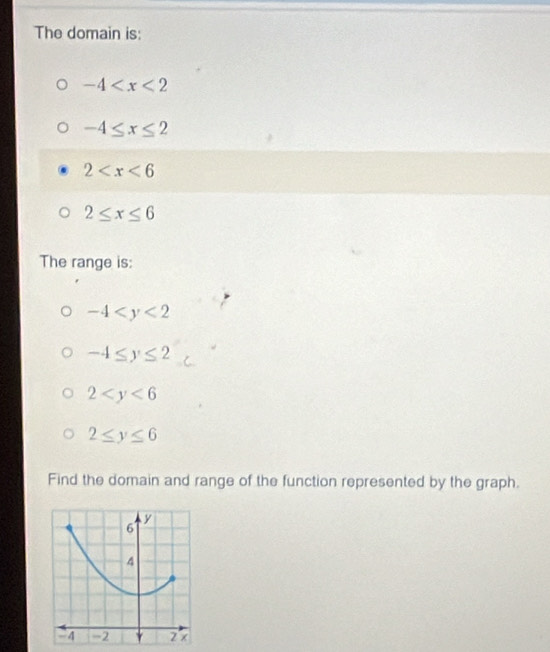 The domain is:
-4
-4≤ x≤ 2
2
2≤ x≤ 6
The range is:
-4
-4≤ y≤ 2
2
2≤ y≤ 6
Find the domain and range of the function represented by the graph.