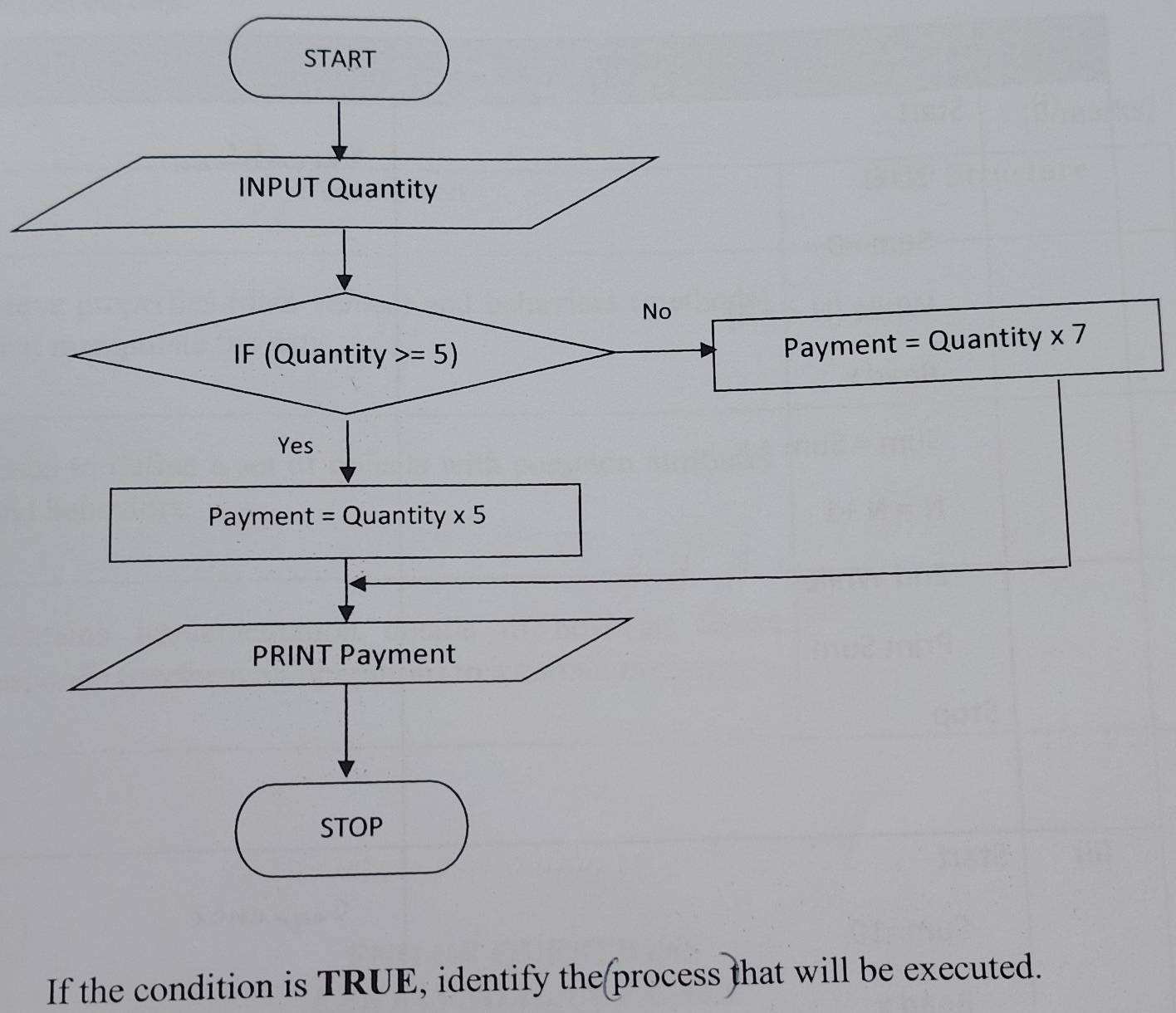 Payment = Quantity * 7
PRINT Payment
STOP
If the condition is TRUE, identify the process that will be executed.