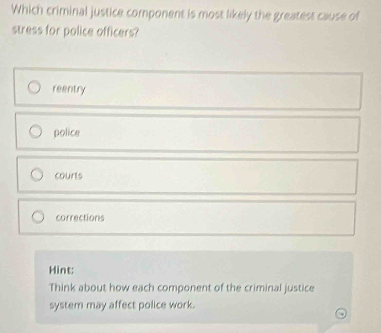 Which criminal justice component is most likely the greatest cause of
stress for police officers?
reentry
police
courts
corrections
Hint;
Think about how each component of the criminal justice
system may affect police work.