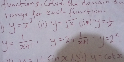 Junchions. Give the domain an 
range for each function. 
5) y=x^3 (1) y=sqrt(x) (i) y= 1/x 
y= 1/x+1 , y=2+ 1/x+1  y=2^x,
u=1+sin x_1(v_1) y=cot x