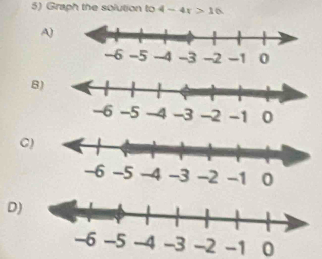 Graph the solution to 4-4r>16.
A)
B)
C)
D)
-1 0