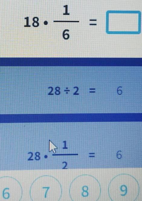 18·  1/6 =□
28/ 2= 6
28·  (+1)/2 =6
6 7 8 9