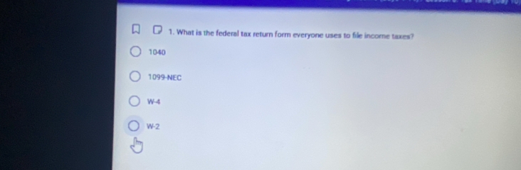 What is the federal tax return form everyone uses to file income taxes?
1040
1099-NEC 
 4 
sqrt() 2