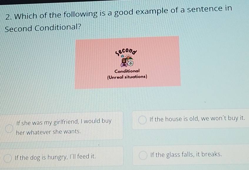 Which of the following is a good example of a sentence in
Second Conditional?
If she was my girlfriend, I would buy If the house is old, we won’t buy it.
her whatever she wants.
If the dog is hungry, I’ll feed it. If the glass falls, it breaks.