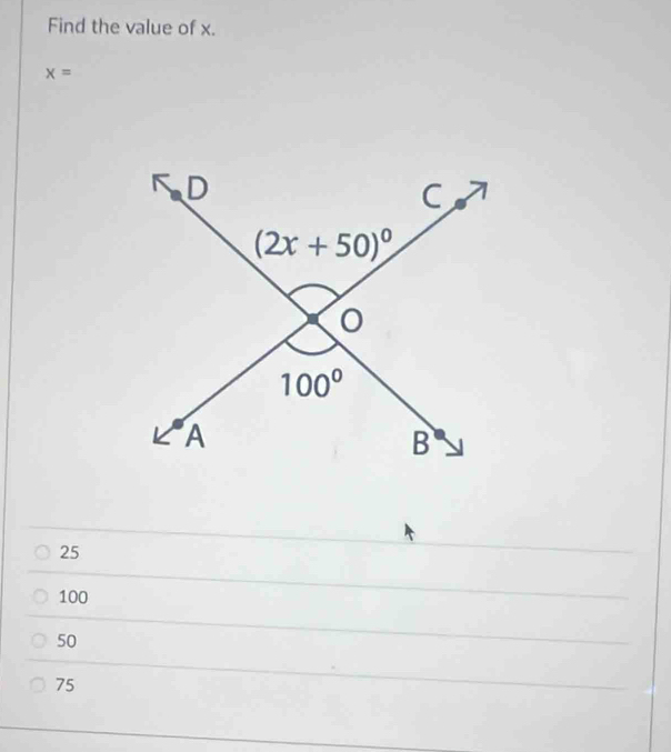 Find the value of x.
x=
25
100
50
75