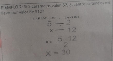 EIEMPLO 2: Si 5 caramelos valen $2, ¿cuántos caramelos me 
llevo por valor de $12? 
CARAMELOS DINERO
5/ 2
x-12
x=beginarrayr 5.12 2endarray
X=30