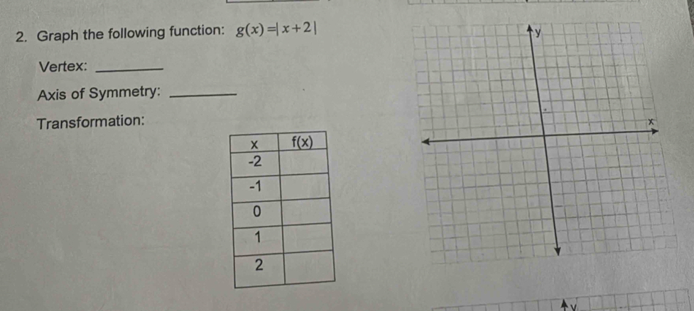 Graph the following function: g(x)=|x+2|
Vertex:_
Axis of Symmetry:_
Transformation: