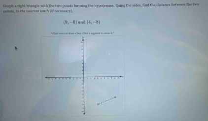 Gruph a right triangle with the two points forming the hypotenuse. Using the sides, find the distance between the two 
points, to the nearest tenth (if necessary).
(9,-6) and (4,-8)