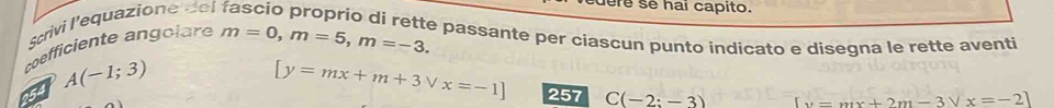 Scrivi l'equazione d 
dere se hai capito. 
coefficiente angolare m=0, m=5, m=-3. e passante per ciascun punto indicato e disegna le rette aventi 
5 A(-1;3)
[y=mx+m+3vee x=-1] 257 C(-2;-3) v=mx+2m-3Nx=-2l