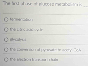 The first phase of glucose metabolism is_
fermentation
the citric acid cycle
glycolysis
the conversion of pyruvate to acetyl CoA
the electron transport chain