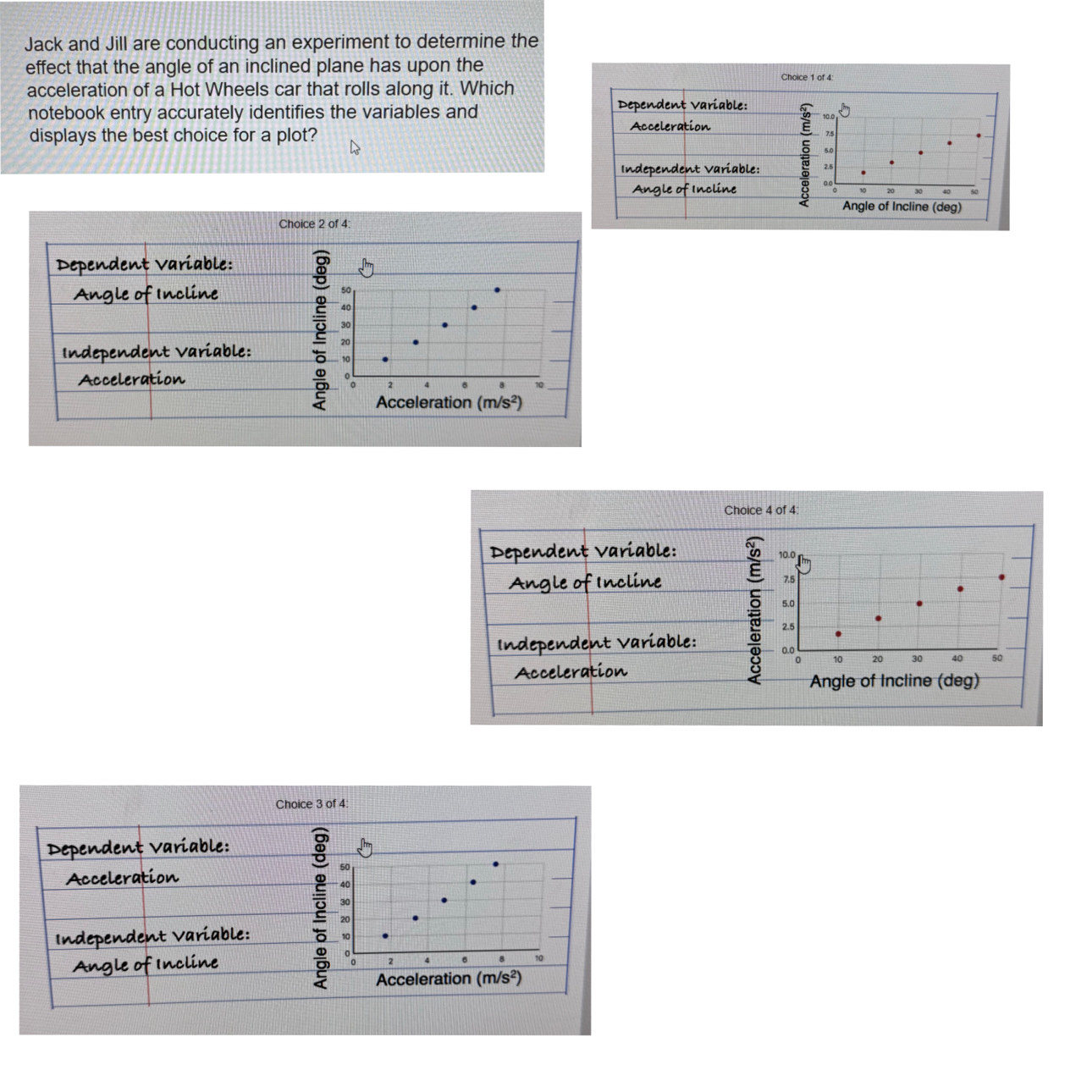 Jack and Jill are conducting an experiment to determine the
effect that the angle of an inclined plane has upon the
Choice 1 of 4:
acceleration of a Hot Wheels car that rolls along it. Which
notebook entry accurately identifies the variables and 
displays the best choice for a plot?
Angle of Incline (deg)
Choice 2 of 4:
Acceleration (m/s^2)
Choice 4 of 4
Angle of Incline (deg)
Choice 3 of 4: