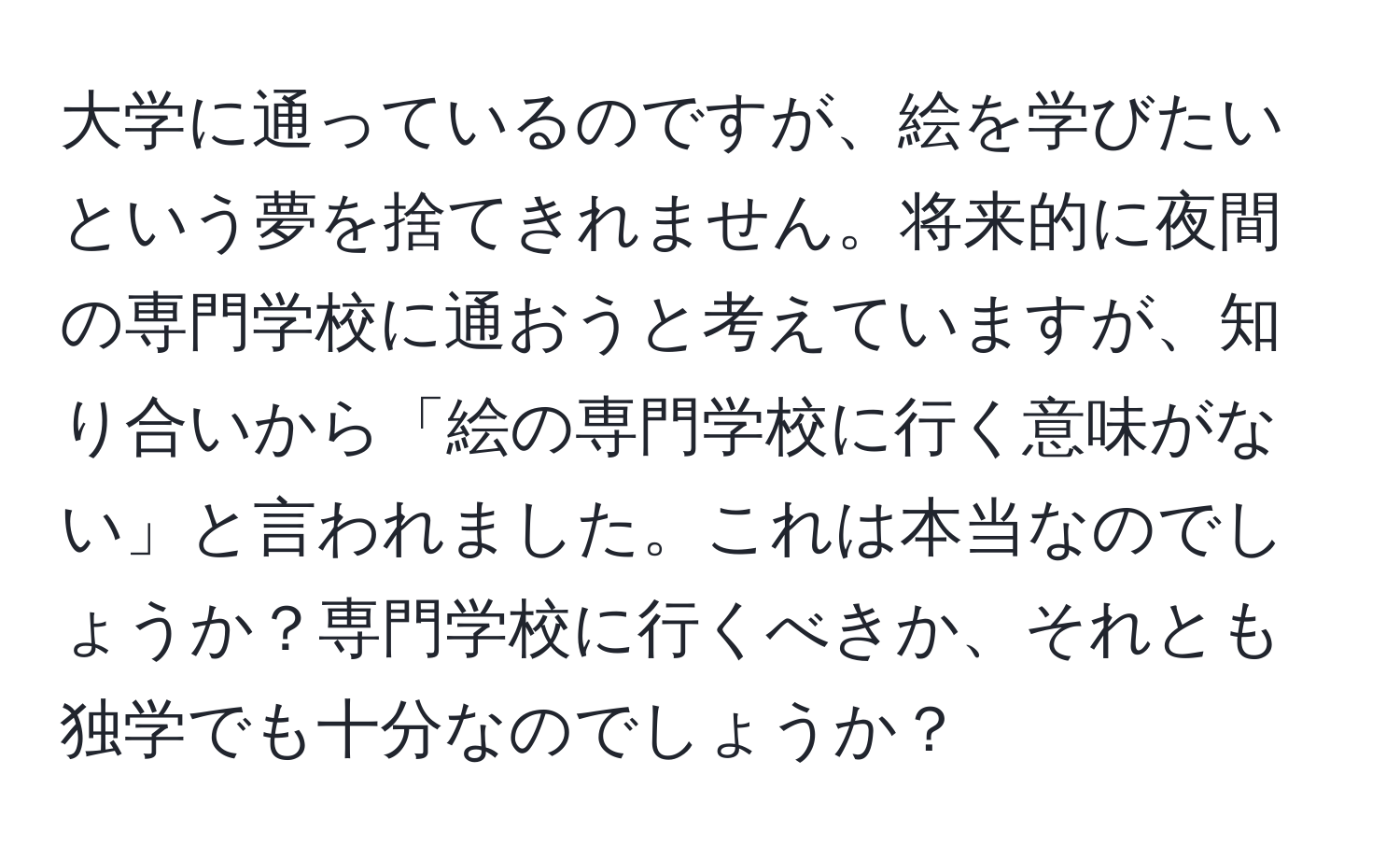 大学に通っているのですが、絵を学びたいという夢を捨てきれません。将来的に夜間の専門学校に通おうと考えていますが、知り合いから「絵の専門学校に行く意味がない」と言われました。これは本当なのでしょうか？専門学校に行くべきか、それとも独学でも十分なのでしょうか？