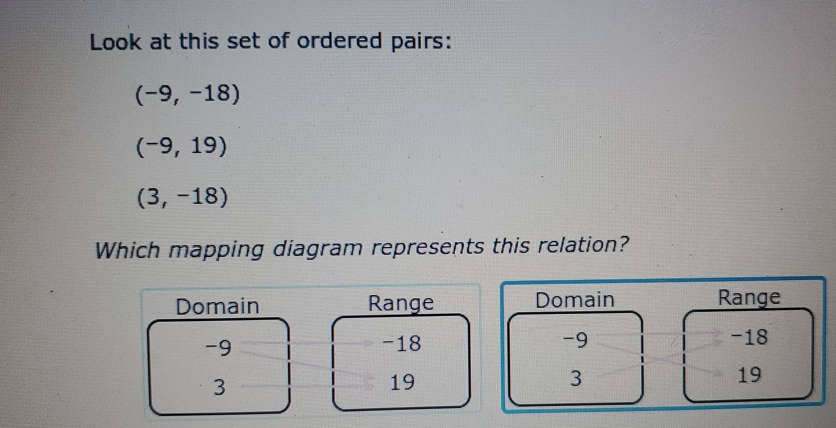 Look at this set of ordered pairs:
(-9,-18)
(-9,19)
(3,-18)
Which mapping diagram represents this relation?
Domain
Domain Range Range
-9 -18 -9
-18
3
19
3
19