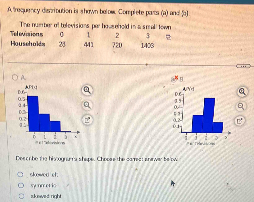 A frequency distribution is shown below. Complete parts (a) and (b).
The number of televisions per household in a small town
Televisions 0 1 2 3
Households 28 441 720 1403
A.
B.
 
 
 
 
 
# of Televisions # of Televisions
Describe the histogram's shape. Choose the correct answer below.
skewed left
symmetric
skewed right