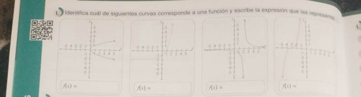 Identifica cuál de siguientes curvas corresponde a una función y escribe la expresión que las repr
1.
f(x)=
f(x)=
f(x)=
f(x)=