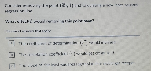 Consider removing the point (95,1) and calculating a new least-squares
regression line.
What effect(s) would removing this point have?
Choose all answers that apply:
A The coefficient of determination (r^2) would increase.
B The correlation coefficient (r) would get closer to 0.
c The slope of the least-squares regression line would get steeper.