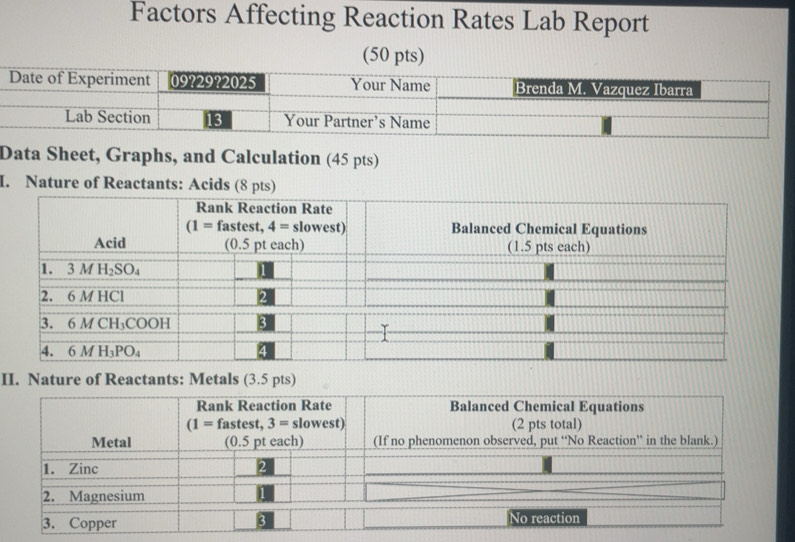 Resuelto:Factors Affecting Reaction Rates Lab Report (50 pts) Data ...