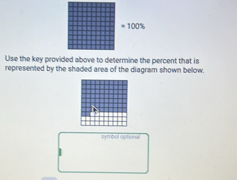 =100%
Use the key provided above to determine the percent that is 
represented by the shaded area of the diagram shown below. 
symbol optional