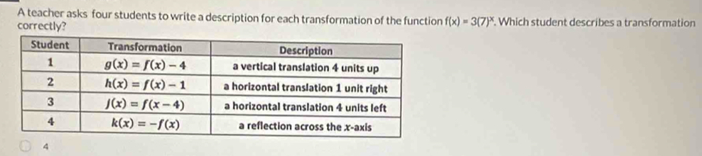 A teacher asks four students to write a description for each transformation of the function f(x)=3(7)^x. Which student describes a transformation
correctly?
4