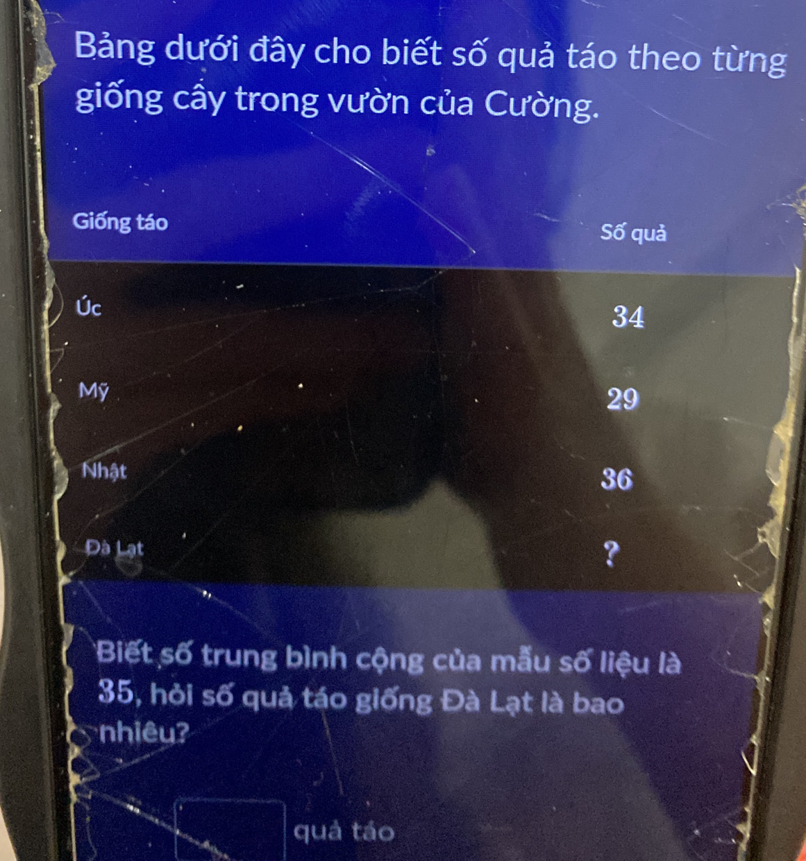 Bảng dưới đây cho biết số quả táo theo từng 
giống cầy trong vườn của Cường. 
Giống táo Số quả 
Úc
34
Mỹ
29
Nhật 36
Đà Lạt 
? 
Biết số trung bình cộng của mẫu số liệu là
35, hỏi số quả táo giống Đà Lạt là bao 
nhiêu? 
quá táo