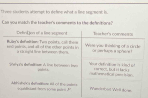 Three students attempt to define what a line segment is. 
Can you match the teacher's comments to the definitions?