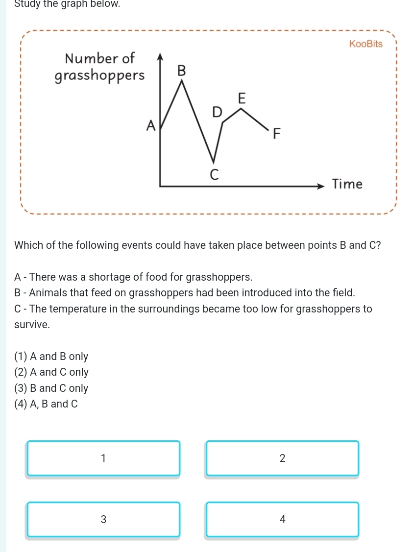 Study the graph below.
KooBits
Number o
grasshoppe
Which of the following events could have taken place between points B and C?
A - There was a shortage of food for grasshoppers.
B - Animals that feed on grasshoppers had been introduced into the field.
C - The temperature in the surroundings became too low for grasshoppers to
survive.
(1) A and B only
(2) A and C only
(3) B and C only
(4) A, B and C
1
2
3
4