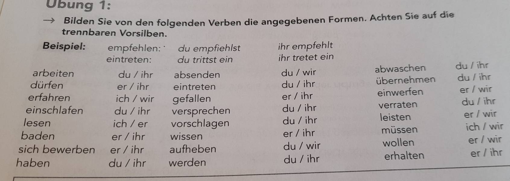 Übung 1: 
Bilden Sie von den folgenden Verben die angegebenen Formen. Achten Sie auf die 
trennbaren Vorsilben. 
Beispiel: empfehlen: du empfiehlst ihr empfehlt 
eintreten: du trittst ein ihr tretet ein 
arbeiten du / ihr absenden du / wir abwaschen du/ ihr 
dürfen er / ihr eintreten du / ihr übernehmen du / ihr 
erfahren ich / wir gefallen er / ihr einwerfen er / wir 
einschlafen du / ihr versprechen du / ihr verraten du / ihr 
du / ihr er / wir 
lesen ich / er vorschlagen leisten 
baden er / ihr wissen er / ihr müssen ich / wir 
sich bewerben er / ihr aufheben du / wir wollen er / wir 
haben du / ihr werden du / ihr erhalten er / ihr